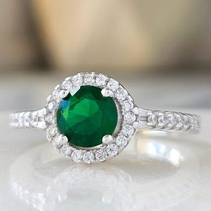 Round Emerald Green Gemstone Ring, 925 Sterling Silver Charmed Aroma